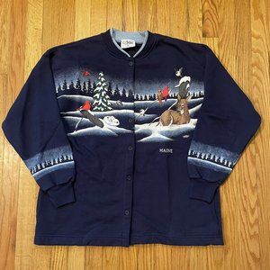 Vintage Artisans Designs Full Button Sweater Size XL Winter Snow Animals Graphic